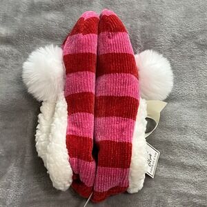 Shiraleah Arya Stripe Slippers Womens Medium Pink Red Pom‎ Pom Cozy Faux Fur New